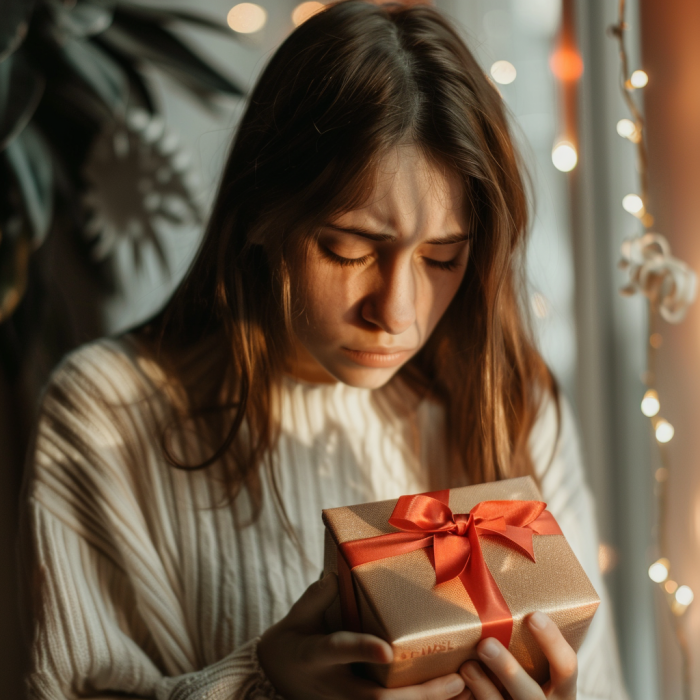 A teenage girl feeling sad while holding a gift box | Source: Midjourney