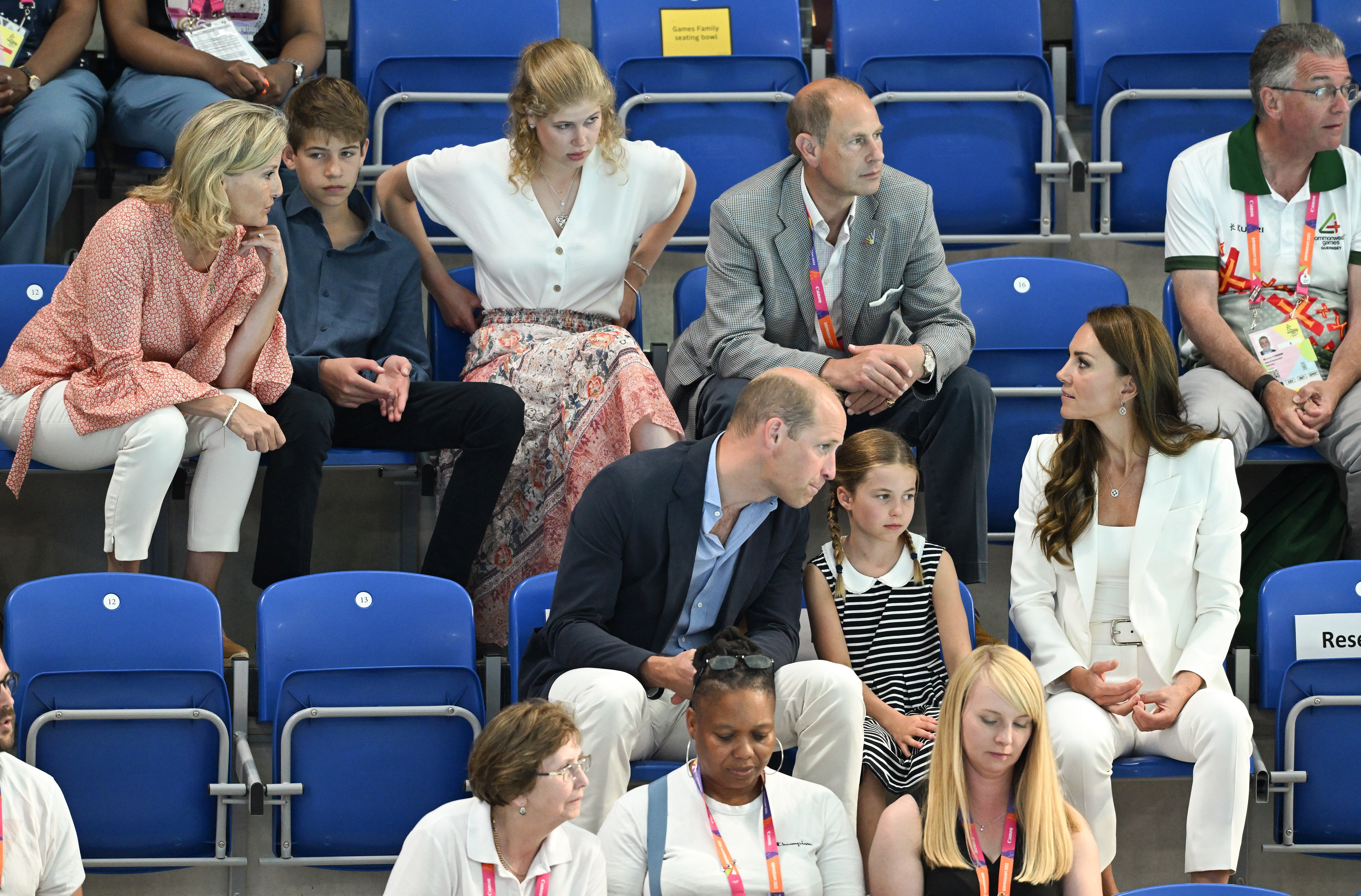 Sophie the Countess of Wessex, James Viscount Severn, Lady Louise Windsor, Prince Edward, Prince William, Princess Charlotte, and Catherine, Duchess of Cambridge at the 2022 Commonwealth Games on August 02, 2022 in Birmingham, England | Source: Getty Images 