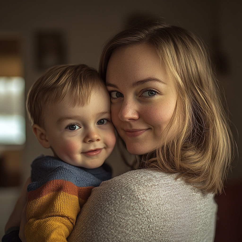 A woman holding a little boy | Source: Midjourney