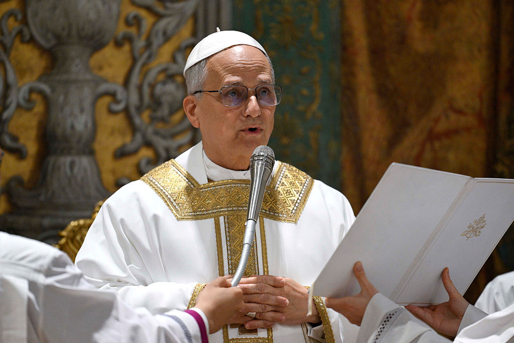American Cardinal Robert Francis Prevost presides over his first Holy Mass as Pope Leo XIV with cardinals in the Sistine Chapel at the conclusion of the Conclave on May 09, 2025 in Vatican City, Vatican.