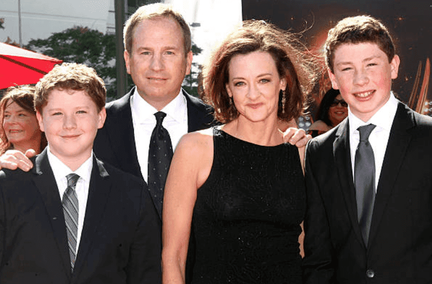 Joan Cusack, Richard Burke, and their children Dylan and Miles pose on the red carpet at the Creative Arts Emmy Awards Ceremony, on September 15, 2013 in Los Angeles, California Source: Getty Images (Photo by Tommaso Boddi/WireImage)