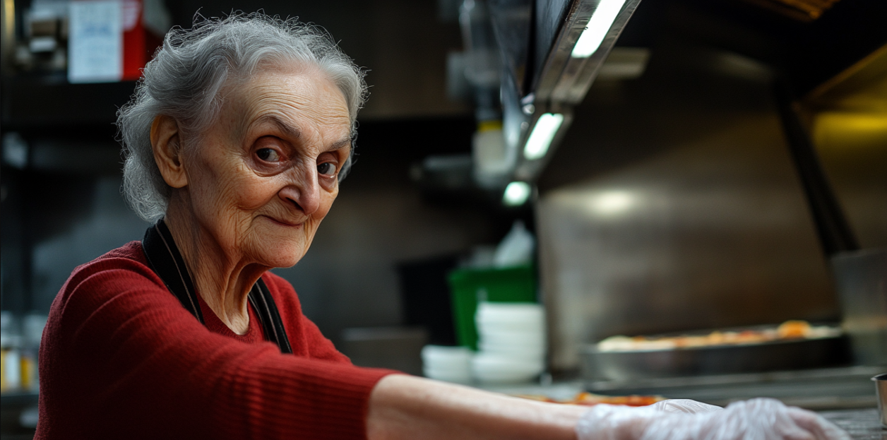 An elderly woman wiping a counter | Source: Midjourney