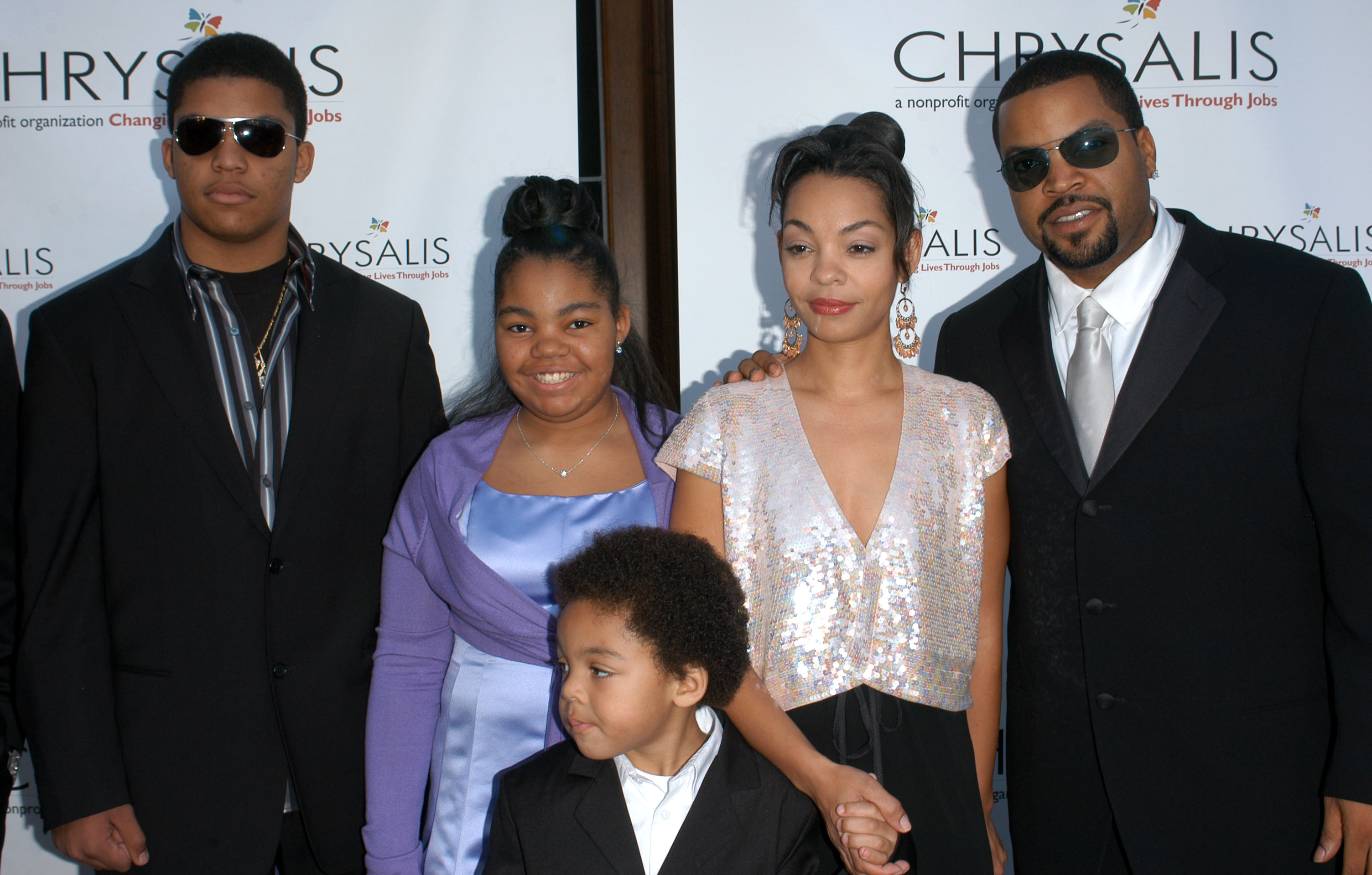 Kimberly Woodruff and Ice Cube with O'Shea Jackson Jr., Kareema Jackson, and Shareef Jackson, at Chrysalis' Fourth Annual Butterfly Ball in Bel Air, California on April 9, 2005. | Source: Getty Images