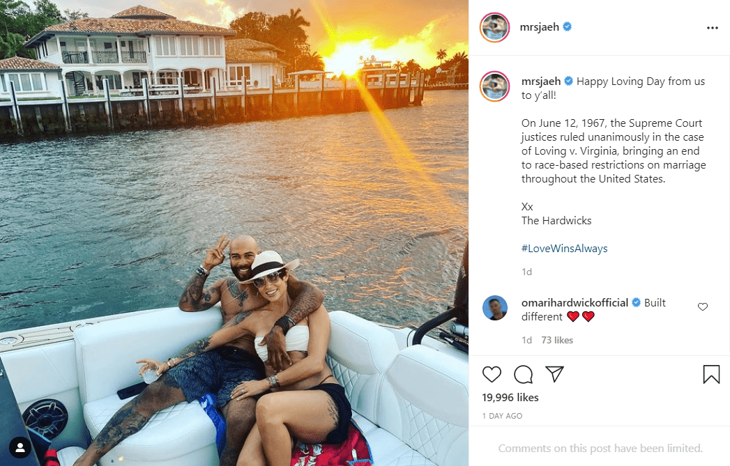 Omari Hardwick's wife posts a picture of them in a boat celebrating Loving day. | Photo: Instagram/mrsjaeh