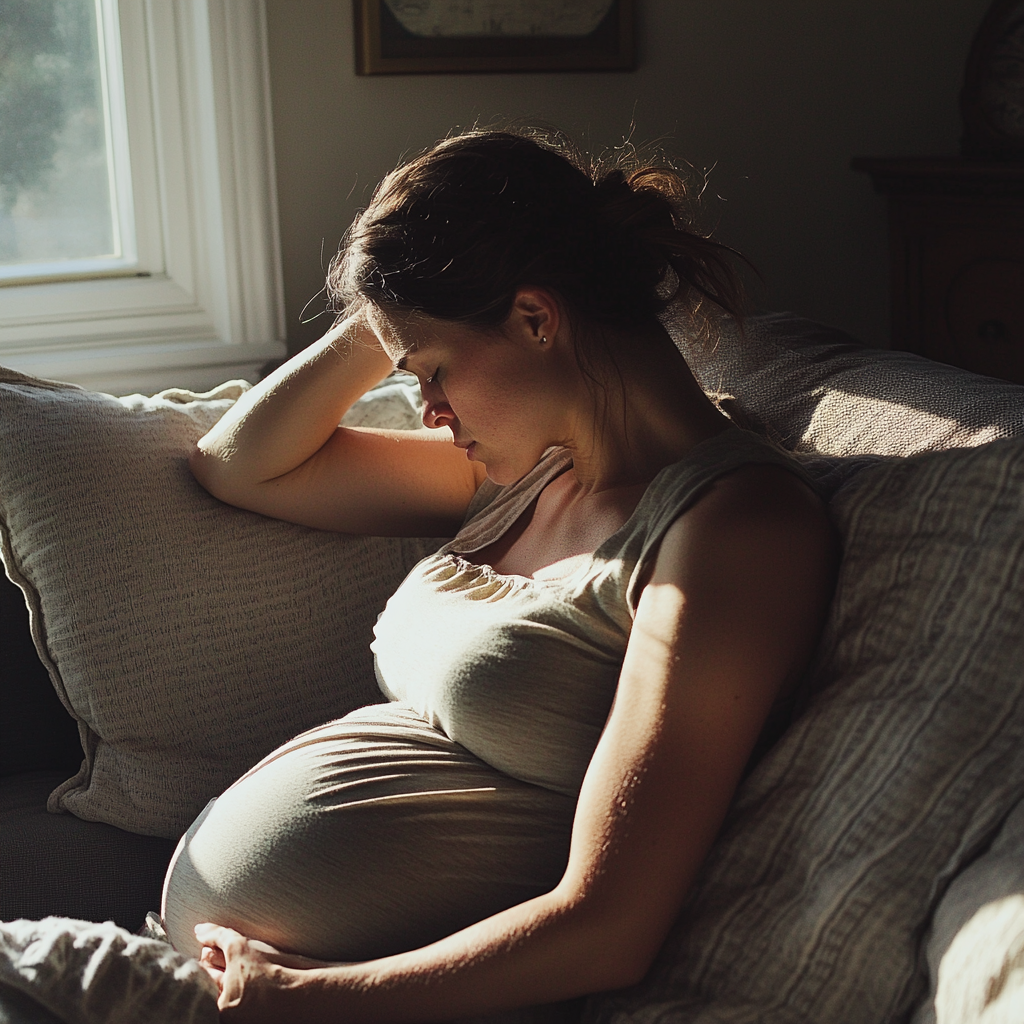 A woman sitting on a couch and holding her head and belly | Source: Midjourney