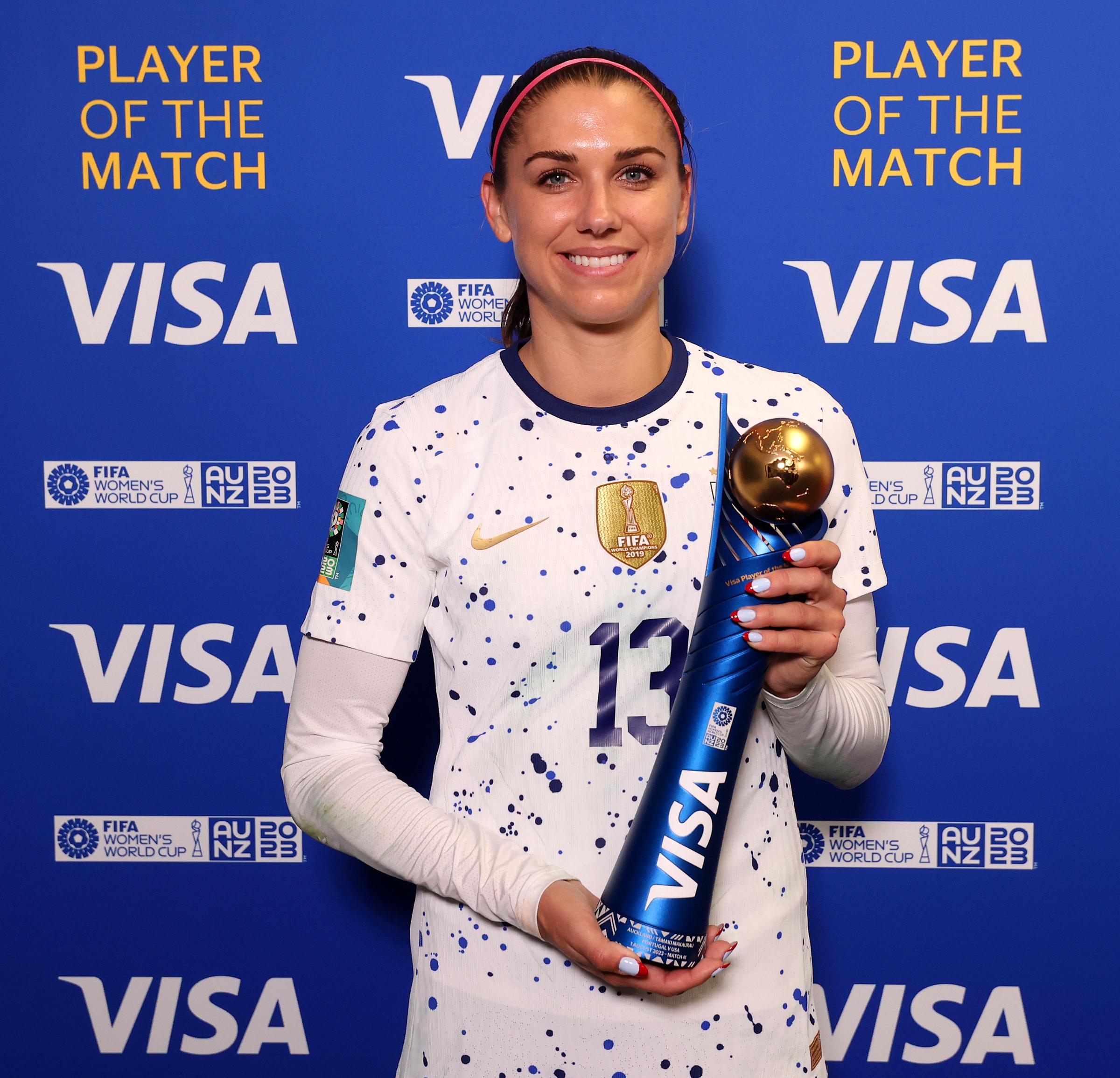 Alex Morgan poses for a photo with her VISA Player of the Match award after the FIFA Women's World Cup Australia & New Zealand 2023 Group E match between Portugal and USA in Auckland, New Zealand, on August 1, 2023. | Source: Getty Images