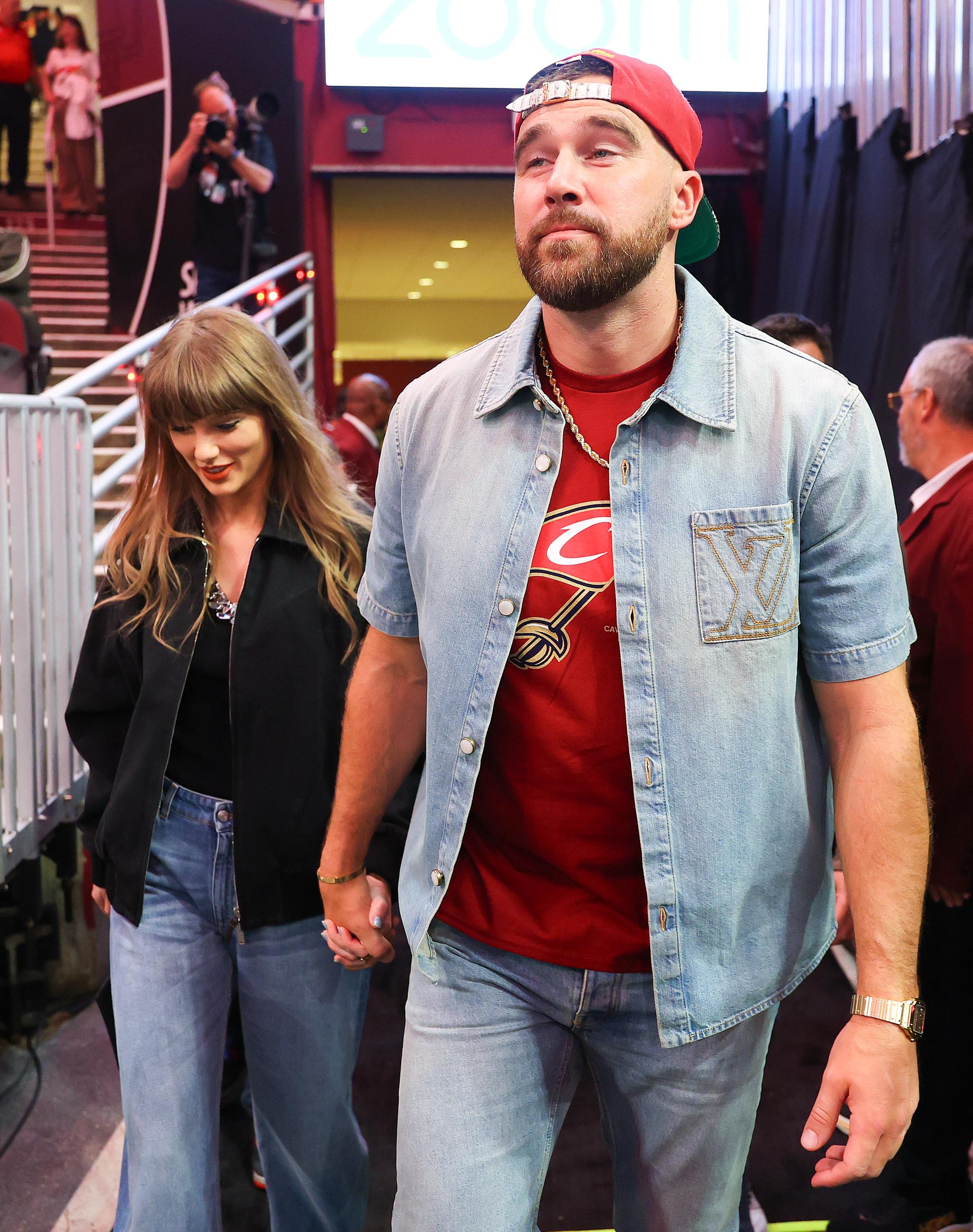 Taylor Swift and Travis Kelce during Game Three between the New York Knicks and the Cleveland Cavaliers in the NBA Eastern Conference Finals at Rocket Arena on May 23, 2026, in Cleveland, Ohio. | Source: Getty Images