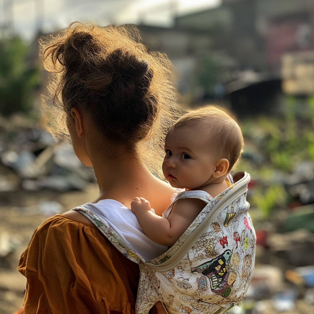 Young woman carrying her baby while walking at a dumpsite | Source: Midjourney