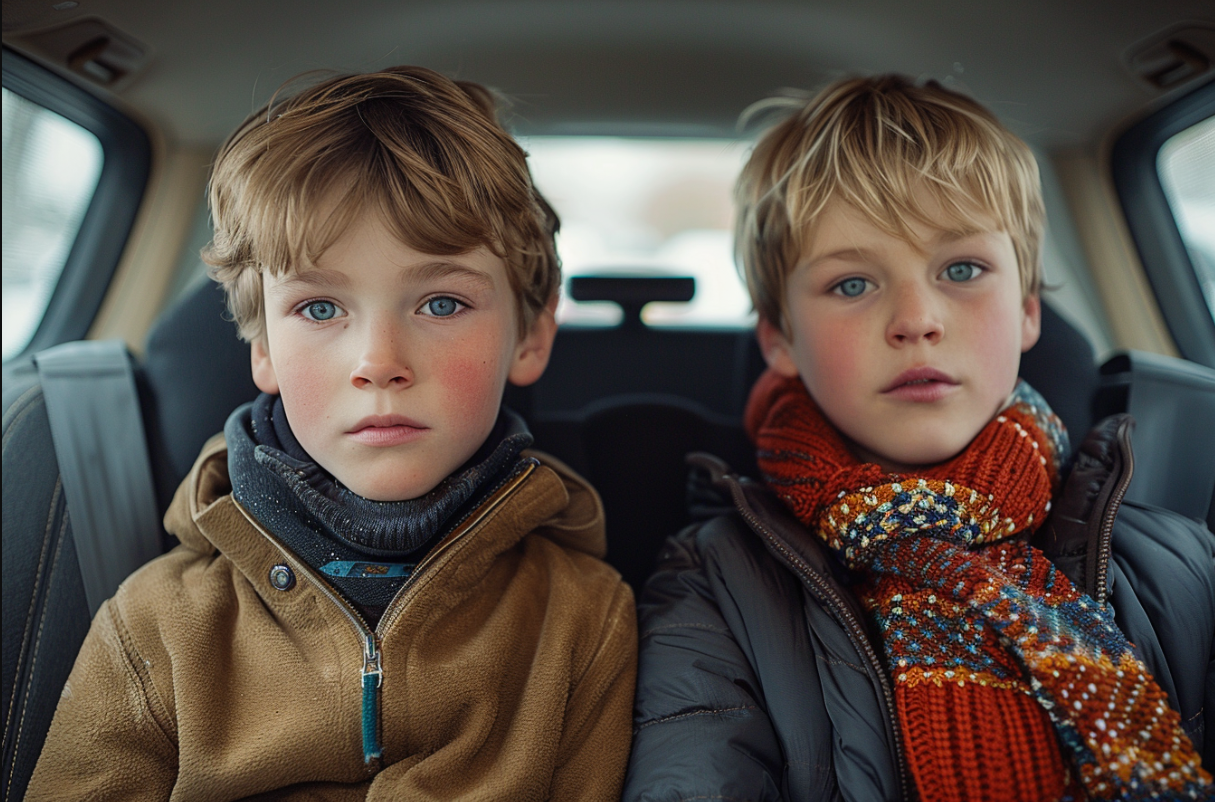 Two brothers in the backseat of their mom's car | Source: Midjourney