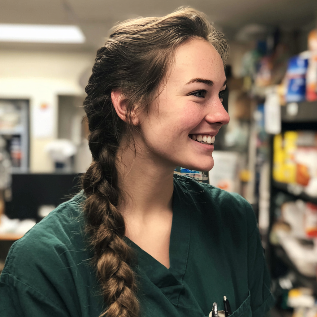 A smiling nurse standing in an office | Source: Midjourney