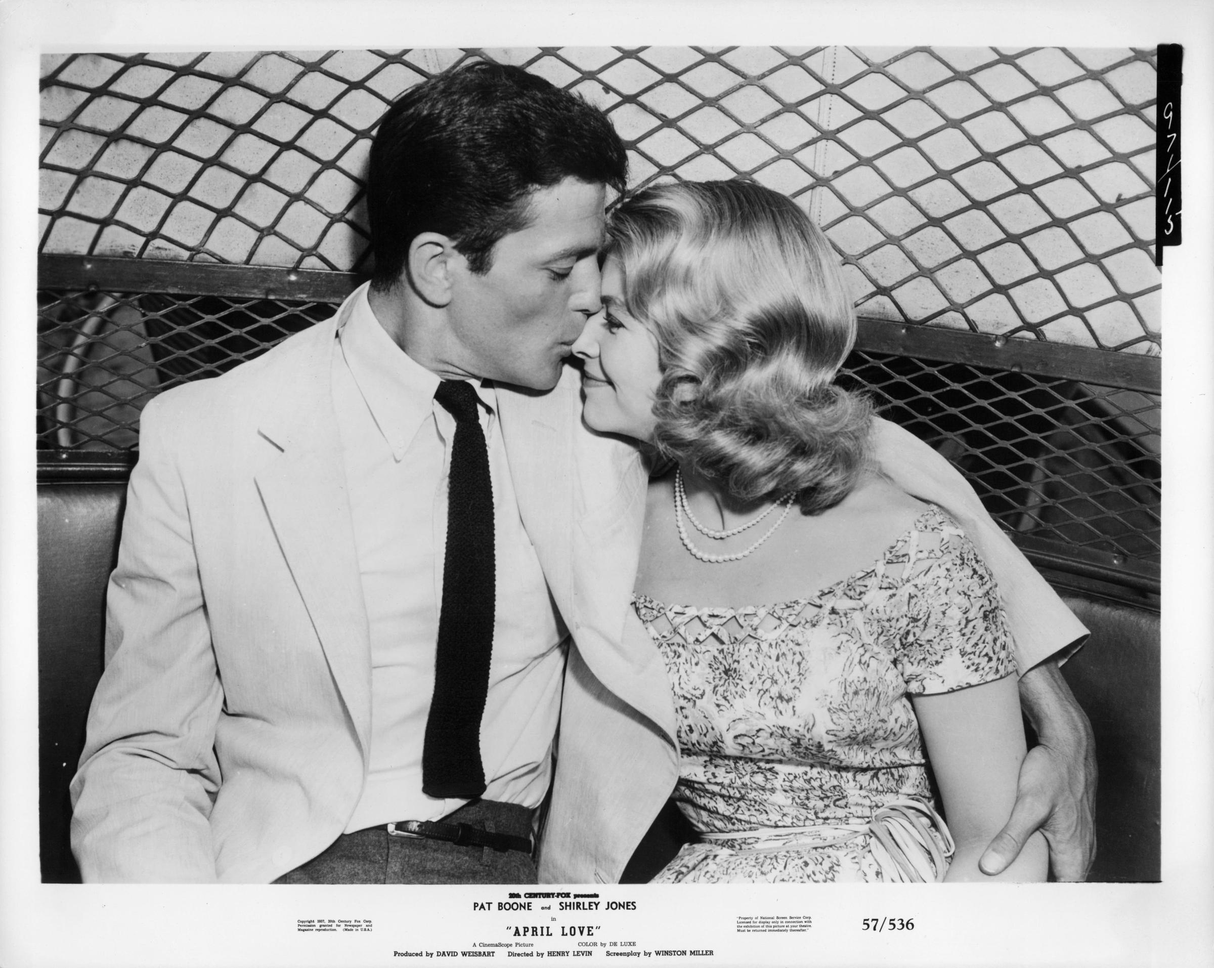 Pat Boone kisses Shirley Jones in a scene from the film "April Love," circa 1957 | Source: Getty Images