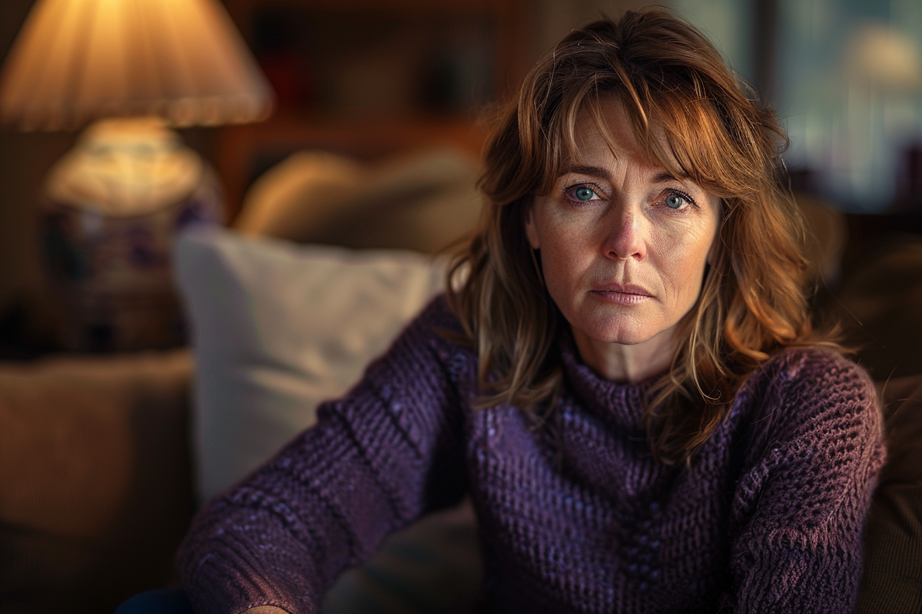 Distressed woman in living room | Source: Midjourney