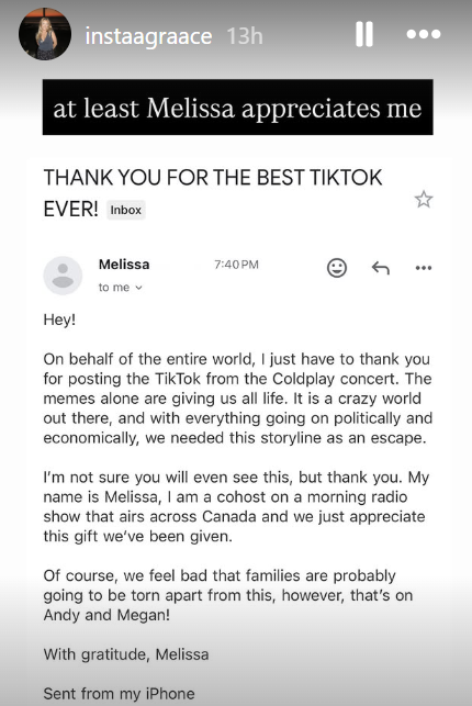 Screenshot of an email received by Grace Springer from a woman named Melissa, dated July 17, 2025, on Instagram Stories | Source: Instagram/instaagraace
