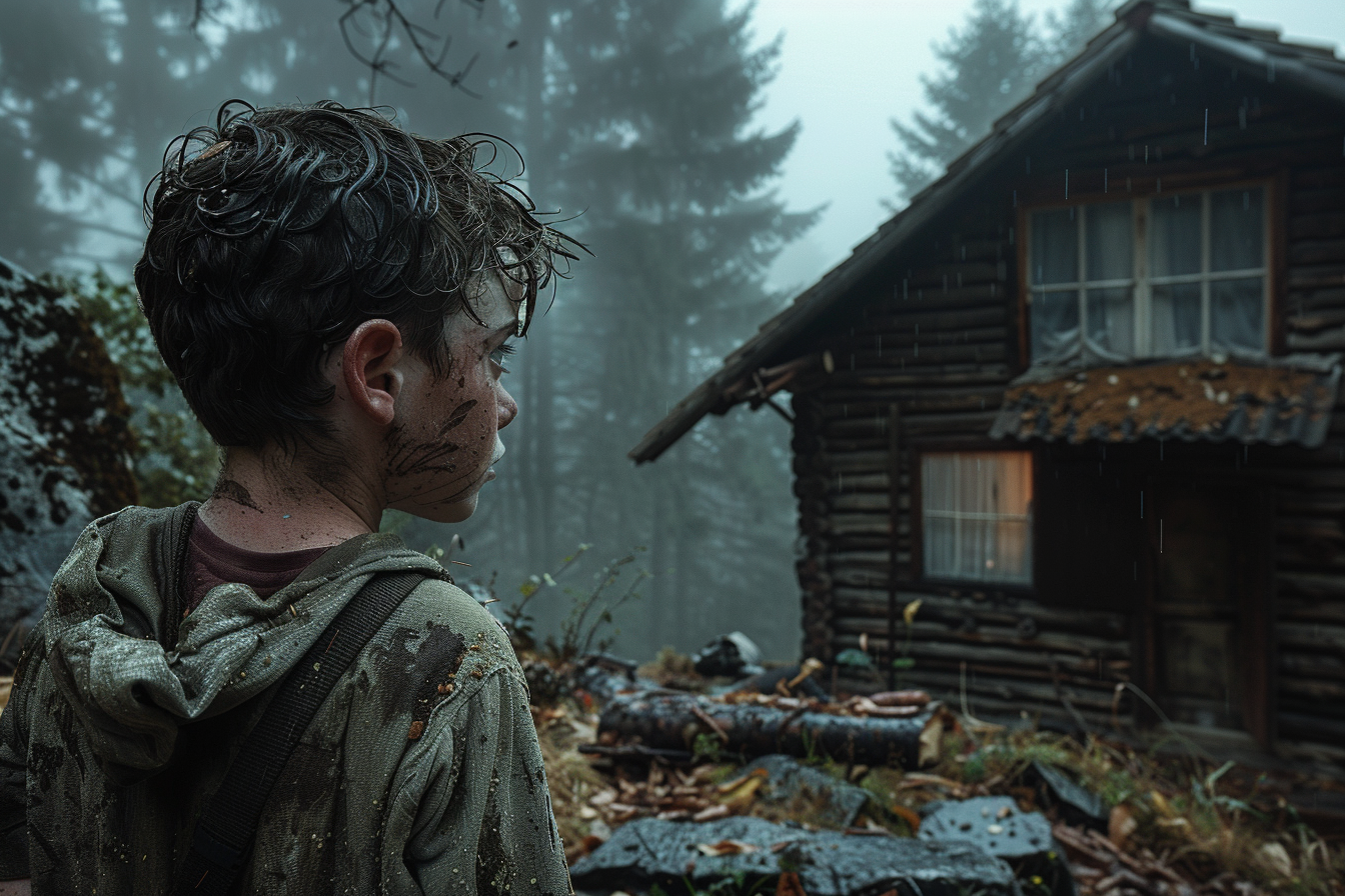 A boy in front of a rustic cabin | Source: Midjourney