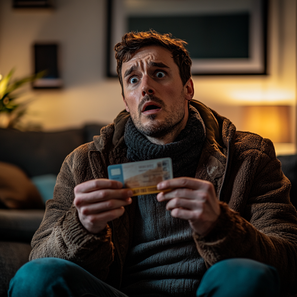 A man looks extremely shocked while holding an ID card | Source: Midjourney