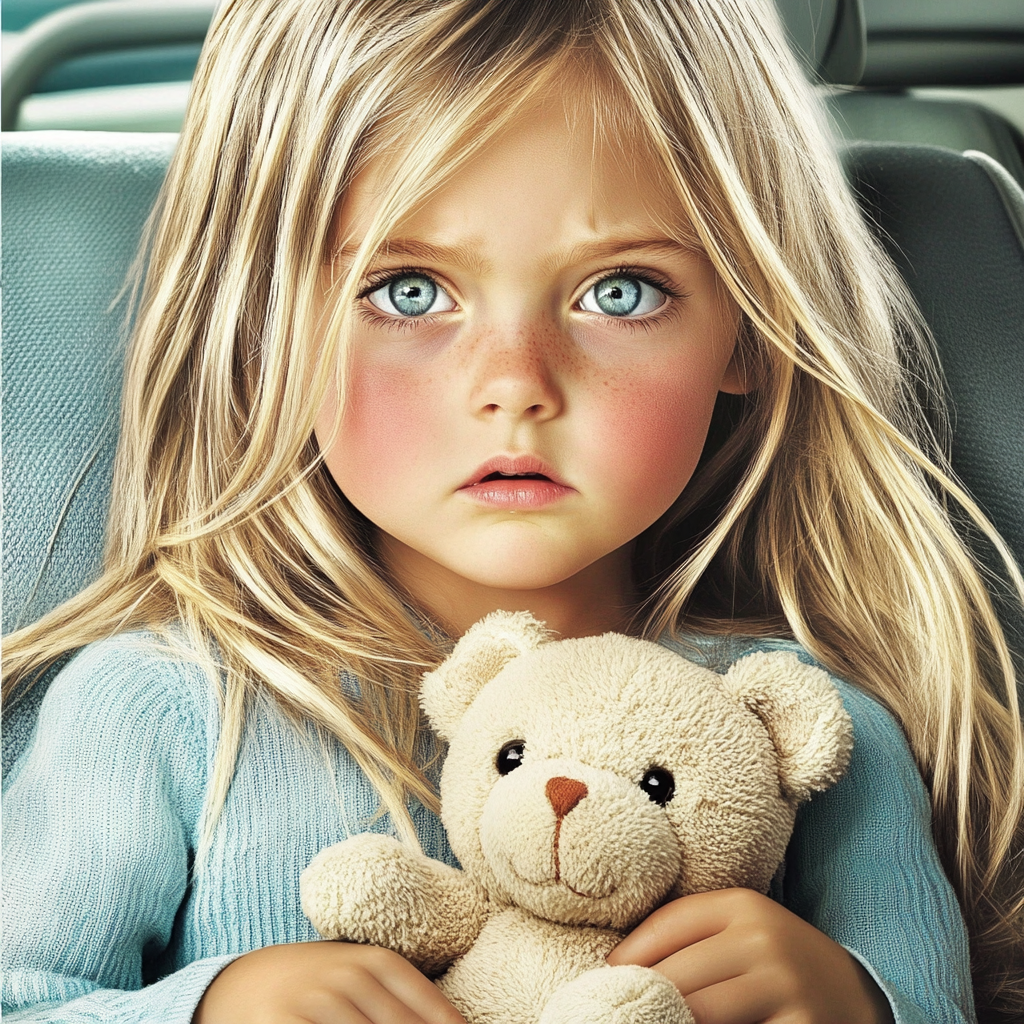 A sad little girl sitting in a car | Source: Midjourney