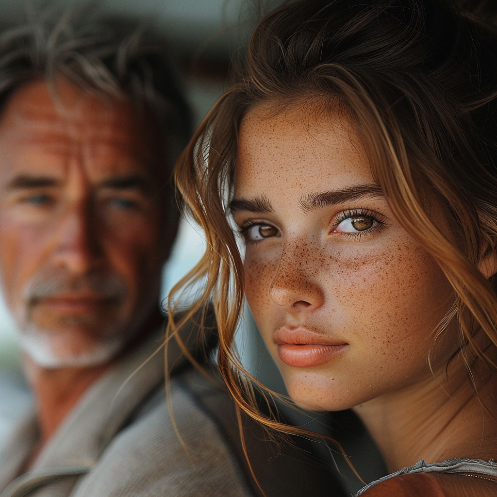 Young girl looking at the camera with her dad behind her | Source: Midjourney