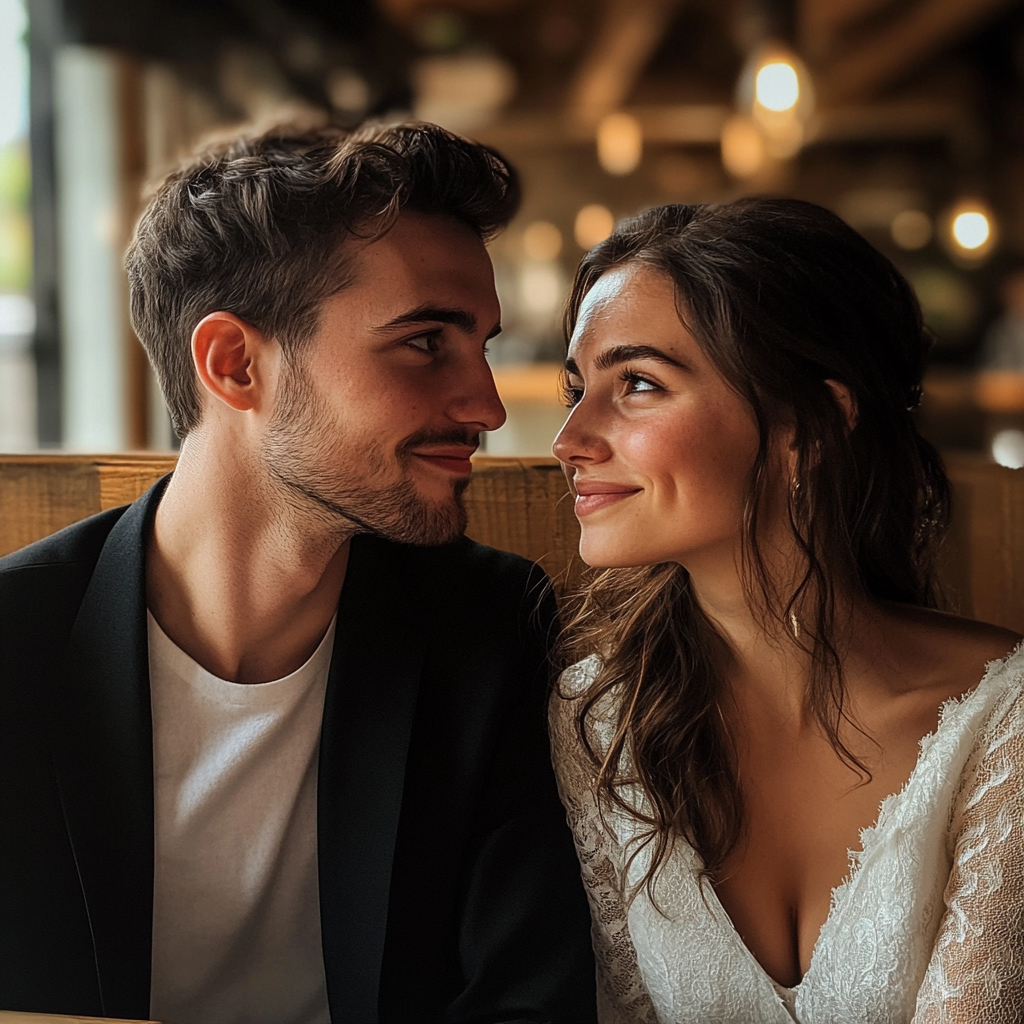 Man and woman smiling at each other | Source: Midjourney