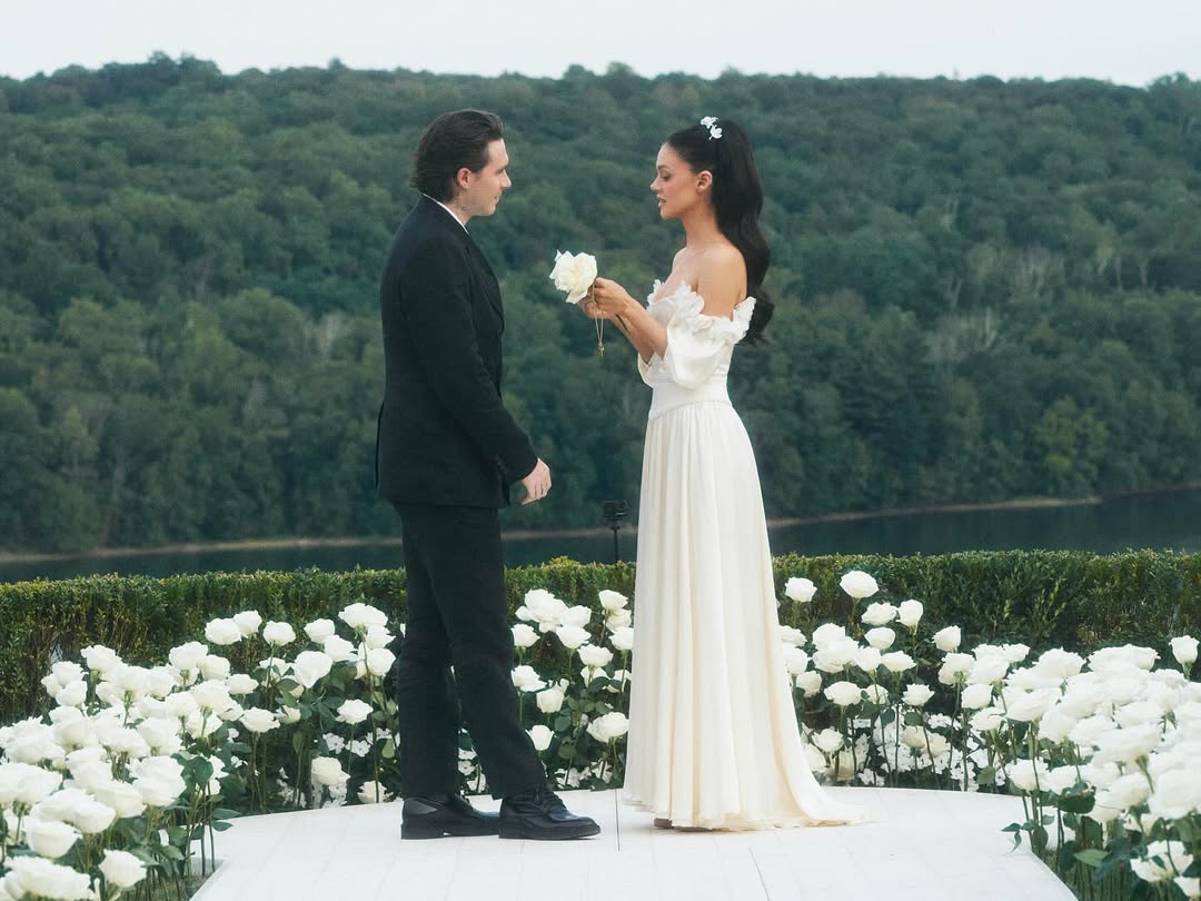 Brooklyn Beckham and Nicola Peltz pose on the day of their vow renewel in images published 11 August 2025. | Source: Instagram/brooklynpeltzbeckham