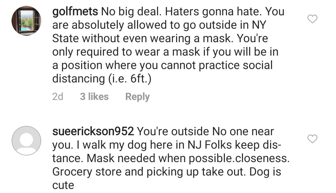 Instagram users commenting on Governor Andrew Cuomo's daughter Mariah appearing in public without her nose covered on April 19, 2020. | Source: Instagram/mariahkennedycuomo.