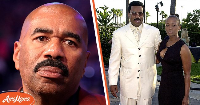 Steve Harvey on August 26, 2017 at T-Mobile Arena in Las Vegas [left]. Steve and Mary Harvey on August 10, 2000 in Hollywood, California [right] | Source: Getty Images