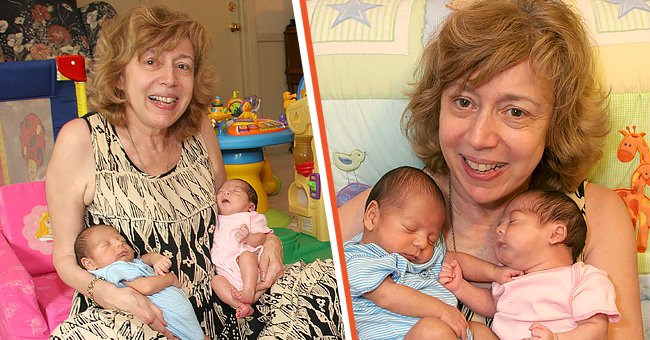 [Left] Lauren Cohen pictured holding her twins, Gregory and Giselle; [Right] The twins captured resting on their mom's chest. | Source: Getty Images