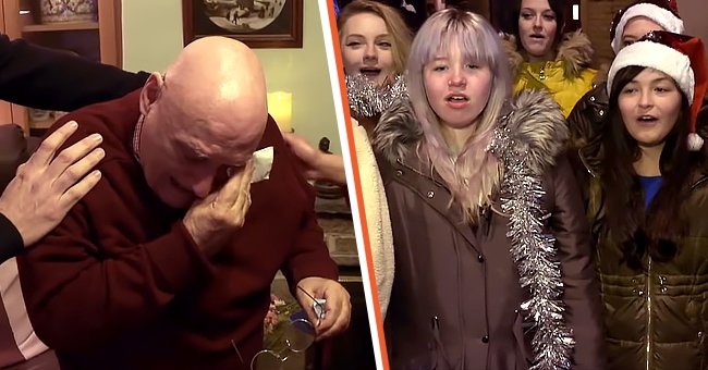 A teary-eyed Terrence. [Left] Oldham College choir singing a carol for Terrence. [Right] | Photo: facebook.com/bbcnews