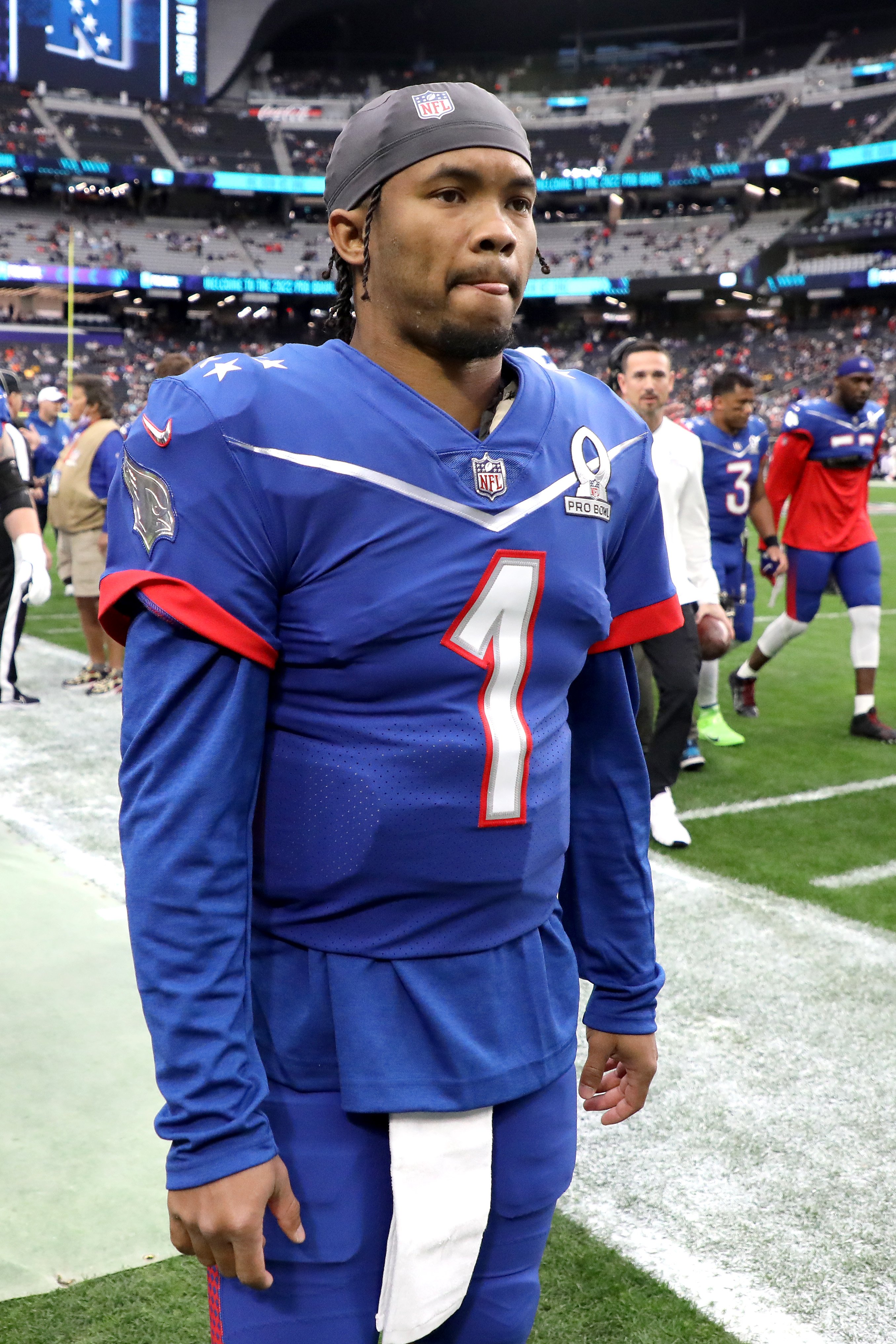  Kyler Murray #1 of the Arizona Cardinals and NFC looks on before the 2022 NFL Pro Bowl against the AFC at Allegiant Stadium on February 06, 2022 in Las Vegas, Nevada. | Source: Getty Images