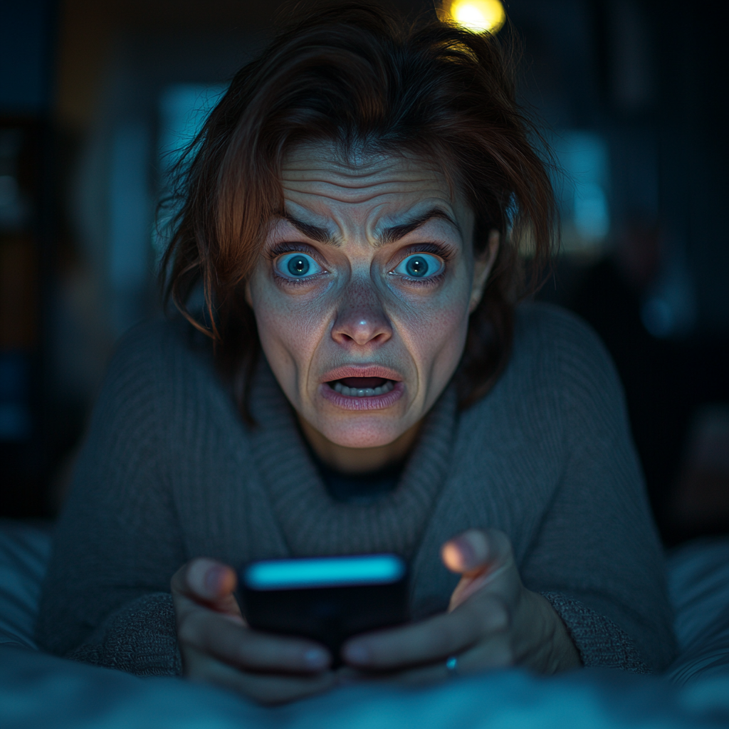 An angry and shocked woman looking at her phone | Source: Midjourney