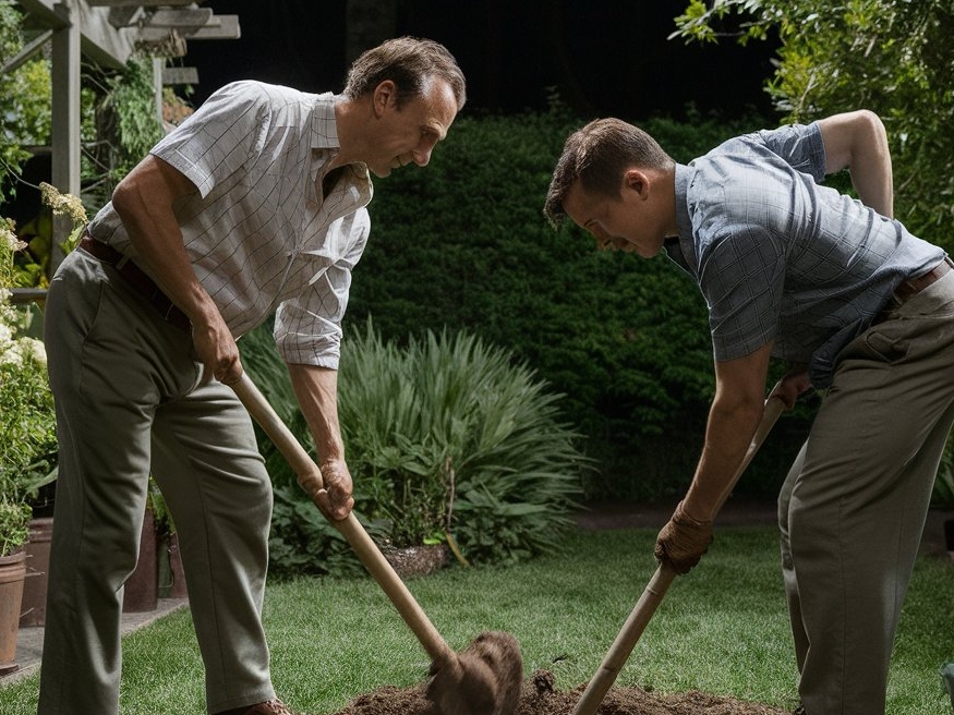 Two men digging a hole in the ground together | Source: Midjourney