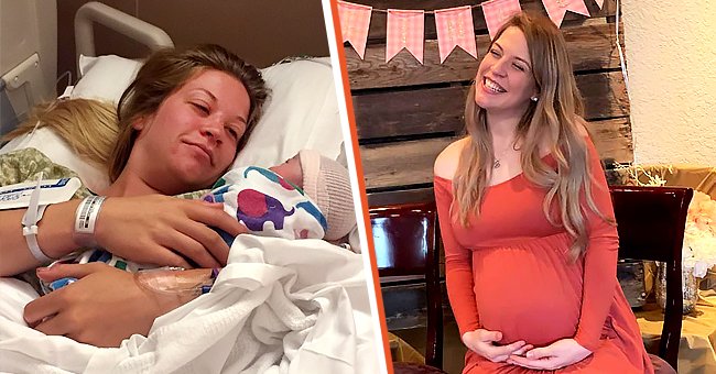 Ayla Heller holding a newborn baby Maddy while in hospital [left]; A pregnant Ayla Heller [right]. │Source: facebook.com/ayla.vogel