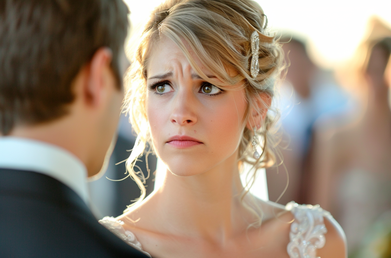 An upset bride stares at her groom | Source: MidJourney
