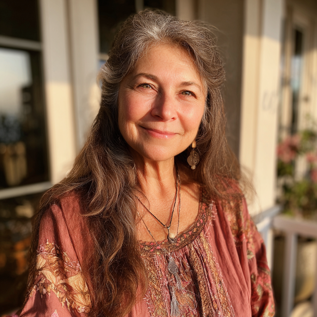 A smiling older woman standing on a porch | Source: Midjourney