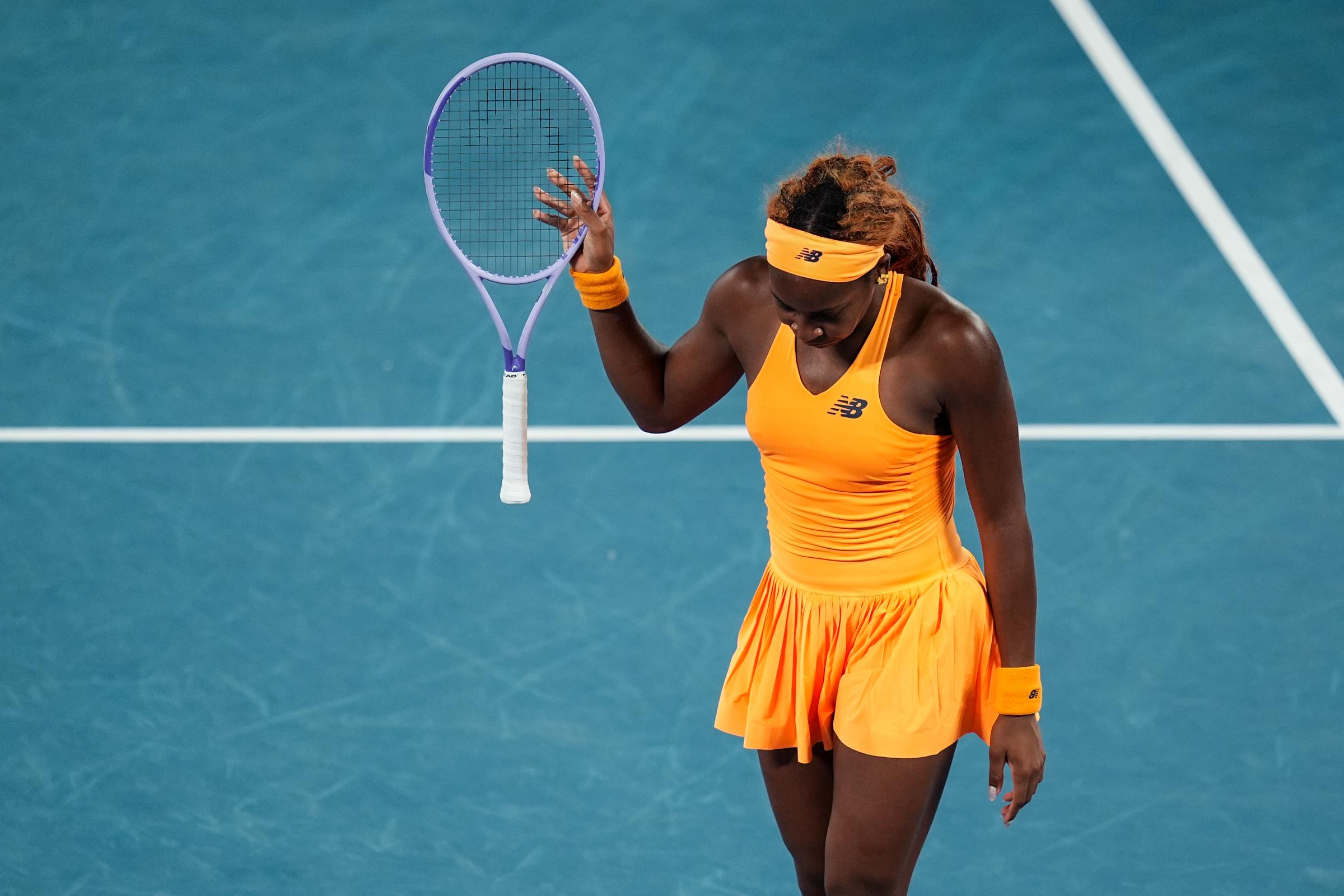 Coco Gauff looks dejected after the match against Elina Svitolina on January 27, 2026 | Source: Getty Images