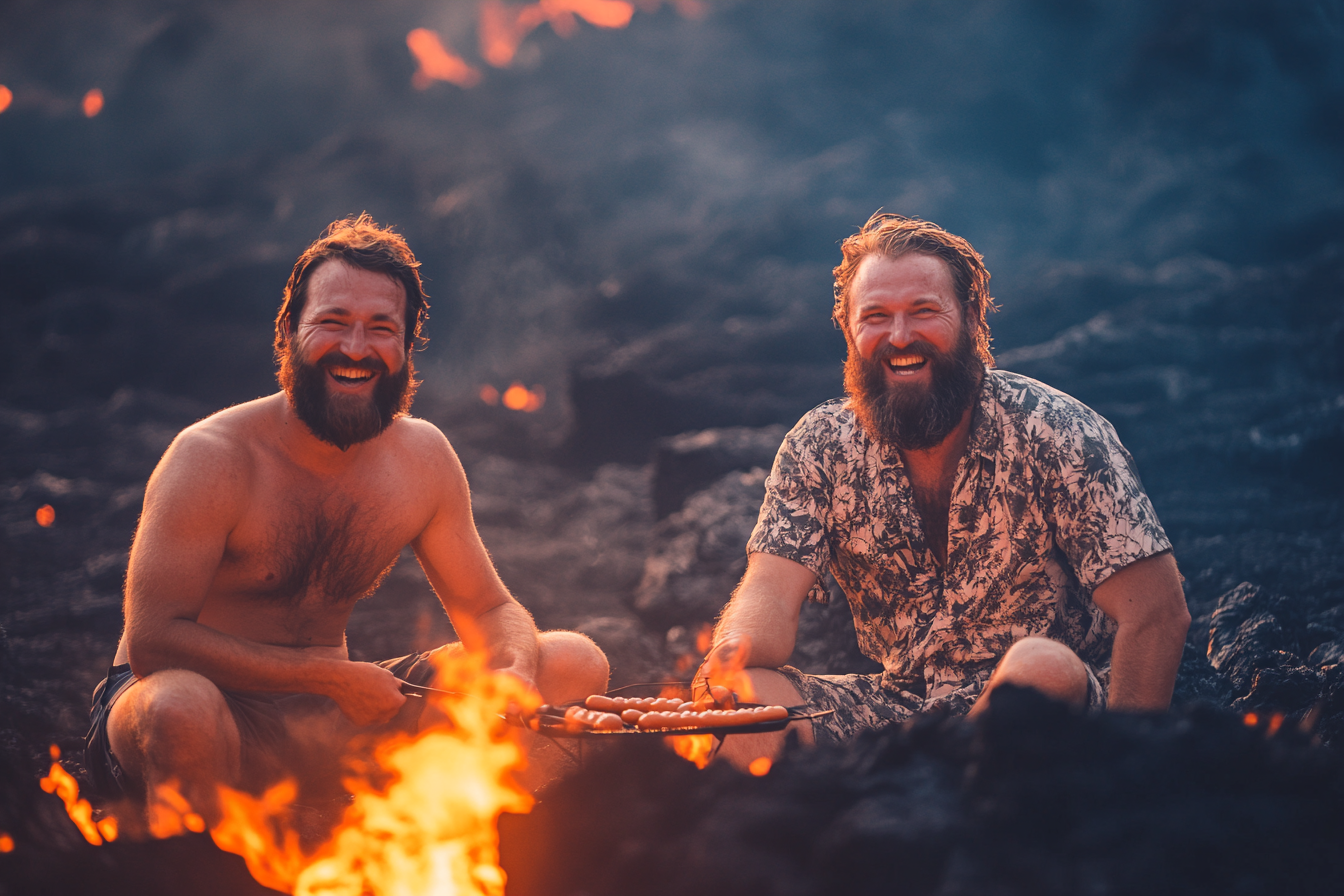 Two friends cooking hot dogs | Source: Midjourney