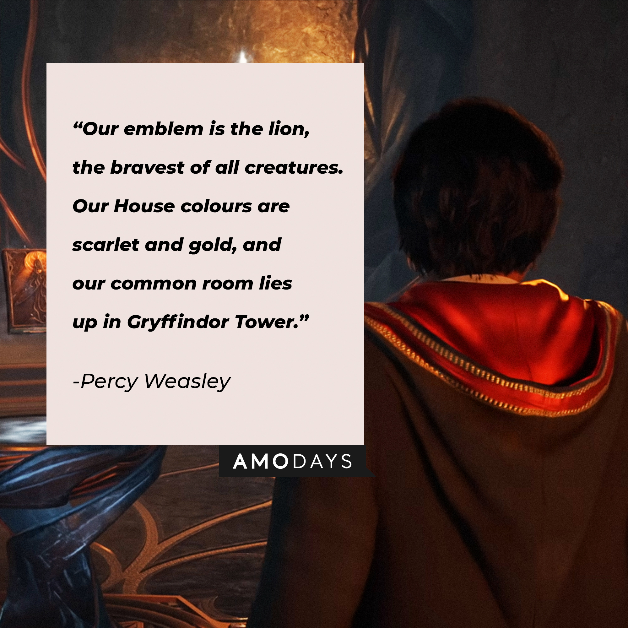 Percy Weasley's quote: "Our emblem is the lion, the bravest of all creatures. Our House colours are scarlet and gold, and our common room lies up in Gryffindor Tower." | Source: Youtube.com/HogwartsLegacy