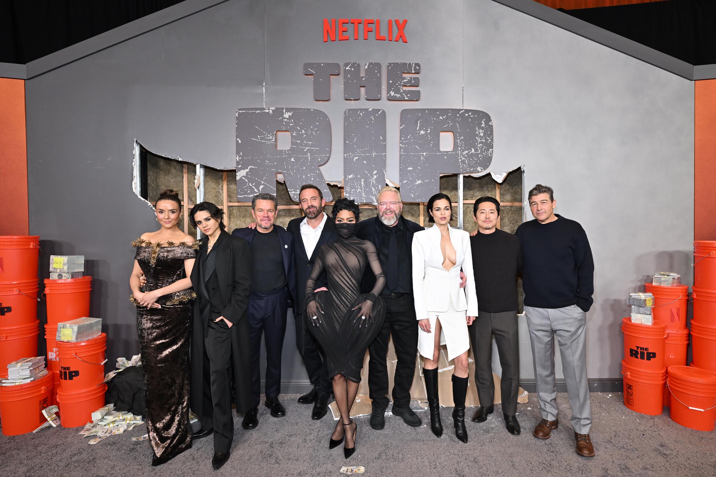 Teyana Taylor, Catalina Sandino Moreno, Sasha Calle, Matt Damon, Ben Affleck, Joe Carnahan, Lina Esco, Steven Yeun and Kyle Chandler attend "The Rip" World Premiere at Alice Tully Hall in New York City  on January 13, 2026. | Source: Getty Images