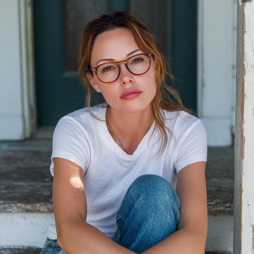 A woman sitting on a porch step | Source: Midjourney