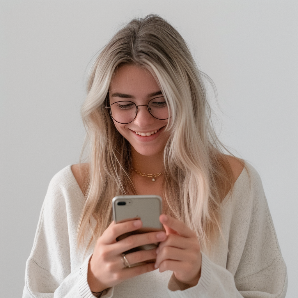 A woman holding her phone | Source: Midjourney