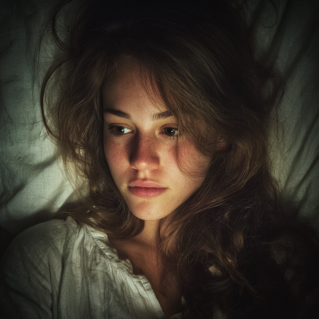 A young woman lying in bed | Source: Midjourney