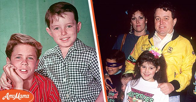 Jerry Mathers and Tony Dow on the TV show ‘Leave It to Beaver’ [Left] | Actor Jerry Mathers, wife Rhonda and children attend the Teenage Mutant Ninja Turtle's "Coming Out of Their Shells" Rock & Roll Tour on November 21, 1990. [Right] | Photo: Getty Images