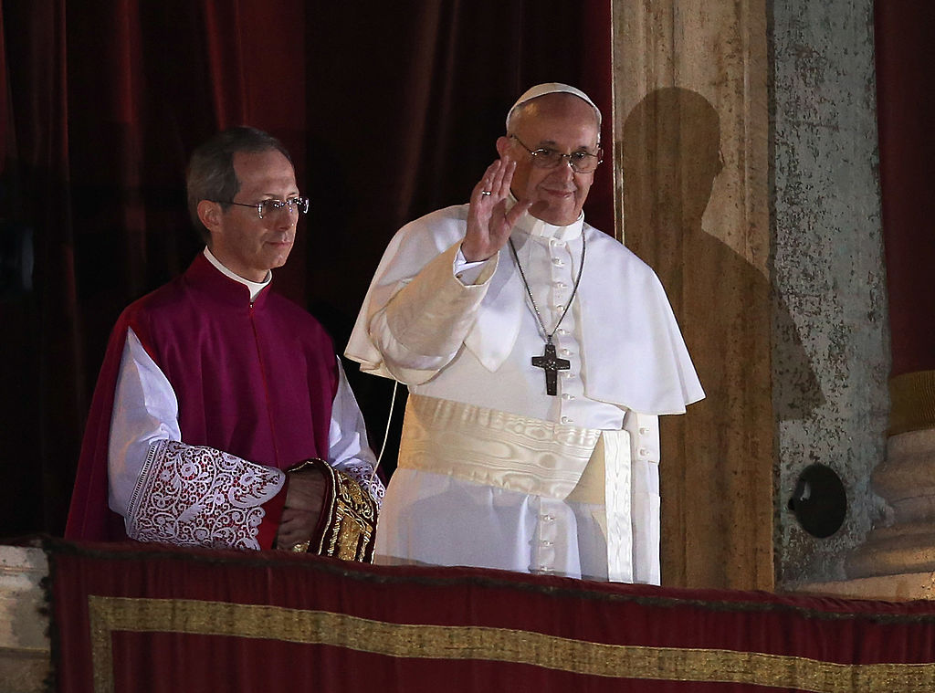 Newly elected Pope Francis I appears on the central balcony of St Peter's Basilica on March 13,2013 in Vatican City, Vatican. Argentinian Cardinal Jorge Mario Bergoglio was elected as the 266th Pontiff and will lead the world's 1.2 billion Catholics