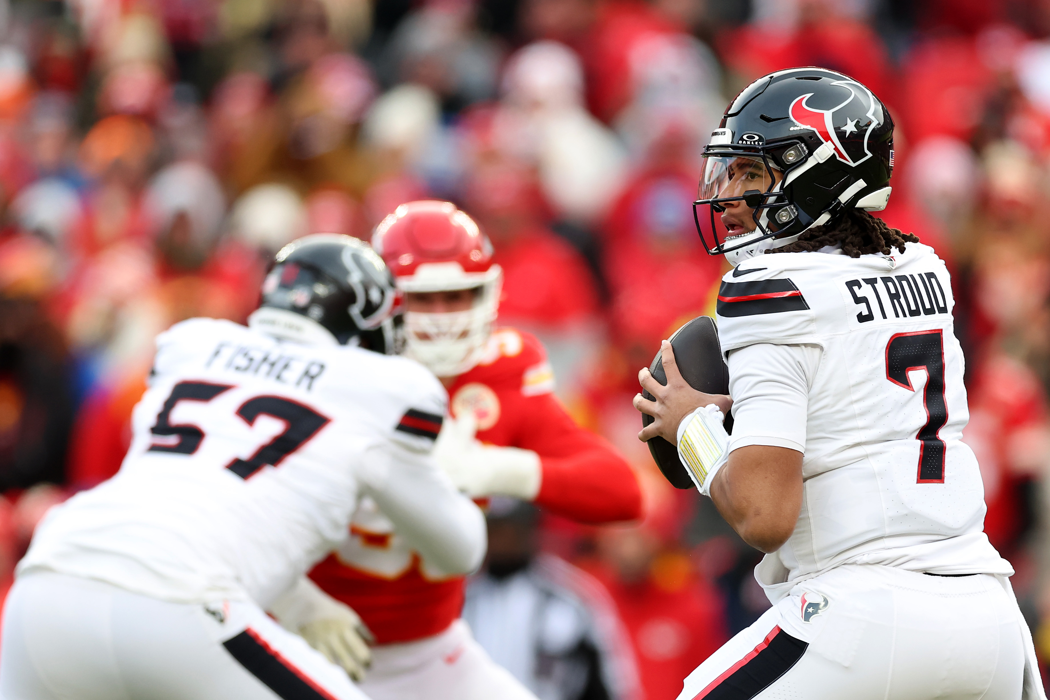 Houston Texans looks to pass against the Kansas City Chiefs during the first quarter in the AFC Divisional Playoff on January 18, 2025 | Source: Getty Images
