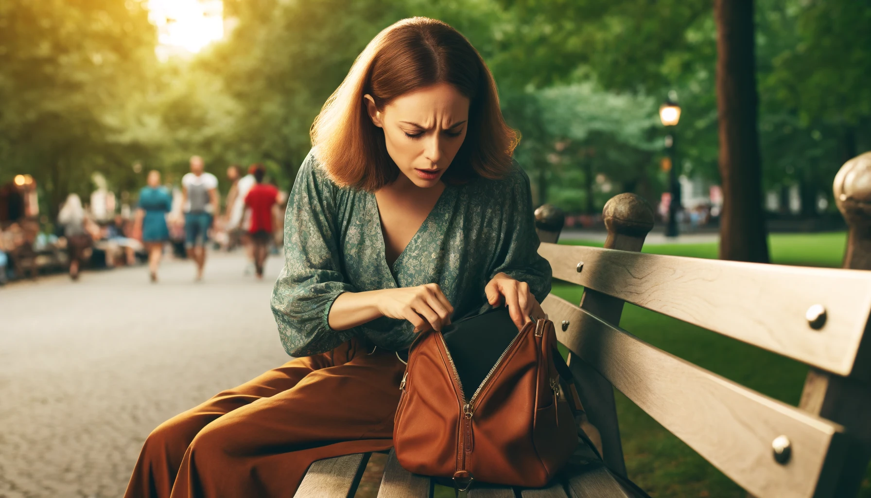 A worried-looking woman reaches into in her bag | Source: DALL-E