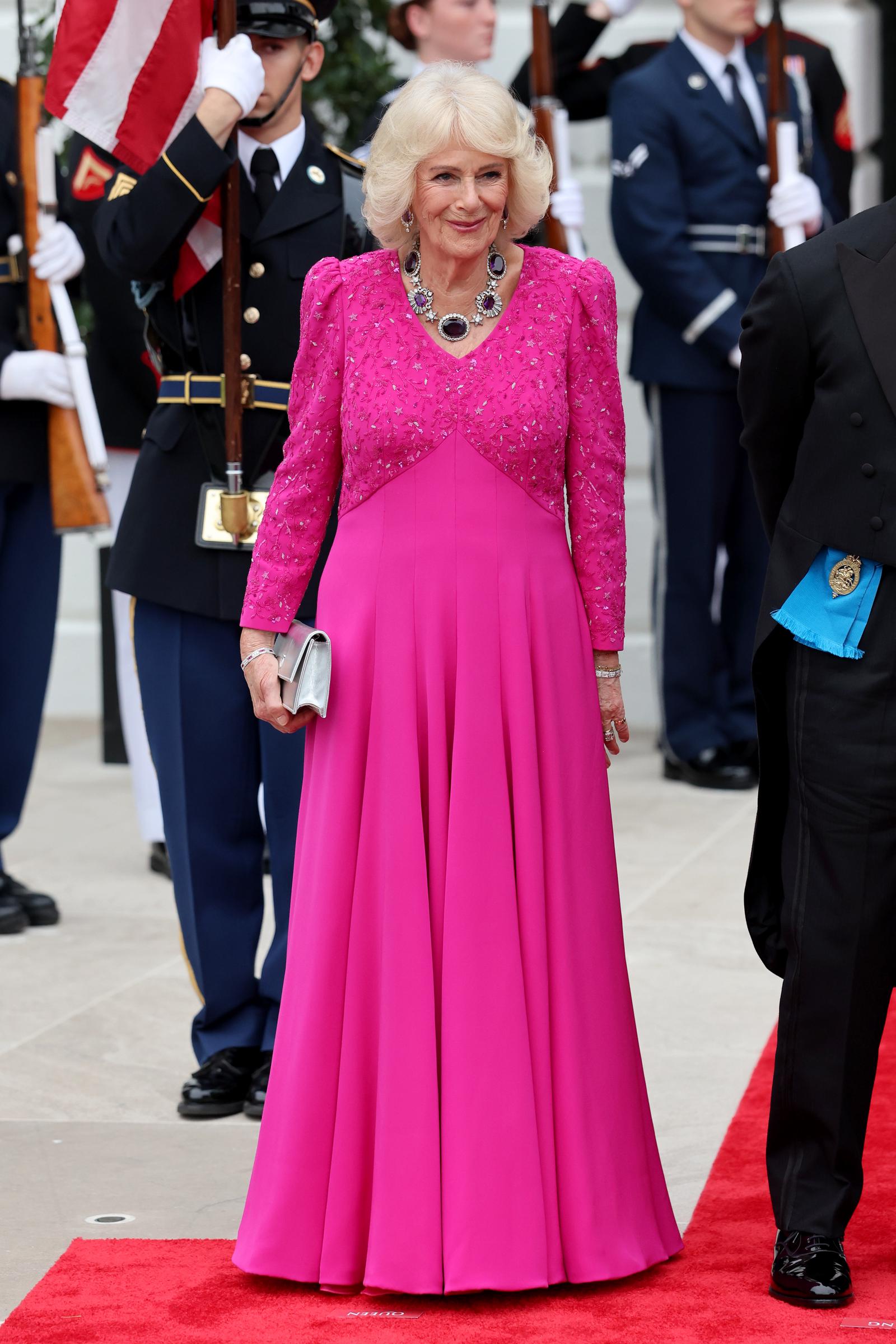 Queen Camilla poses outside during an official state dinner hosted by the President and First Lady at The White House on day two of the State Visit of King Charles III and Queen Camilla to the United States of America, on 28 April 2026 in Washington, DC. | Source: Getty Images