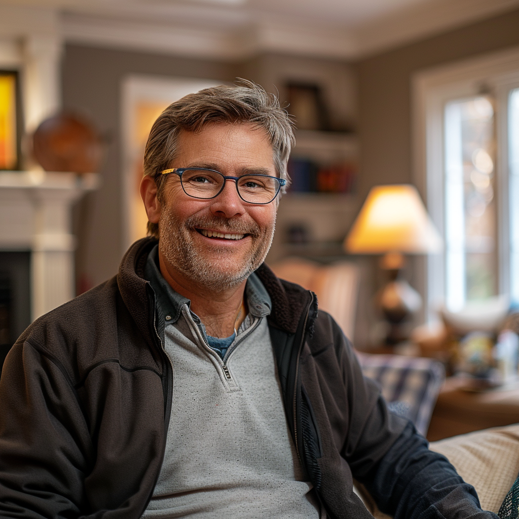 A man smiling while sitting in his living room | Source: Midjourney