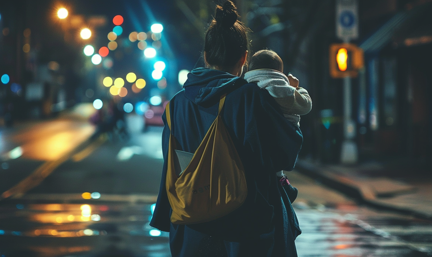 A woman holding her little son out on the streets late at night | Source: Midjourney