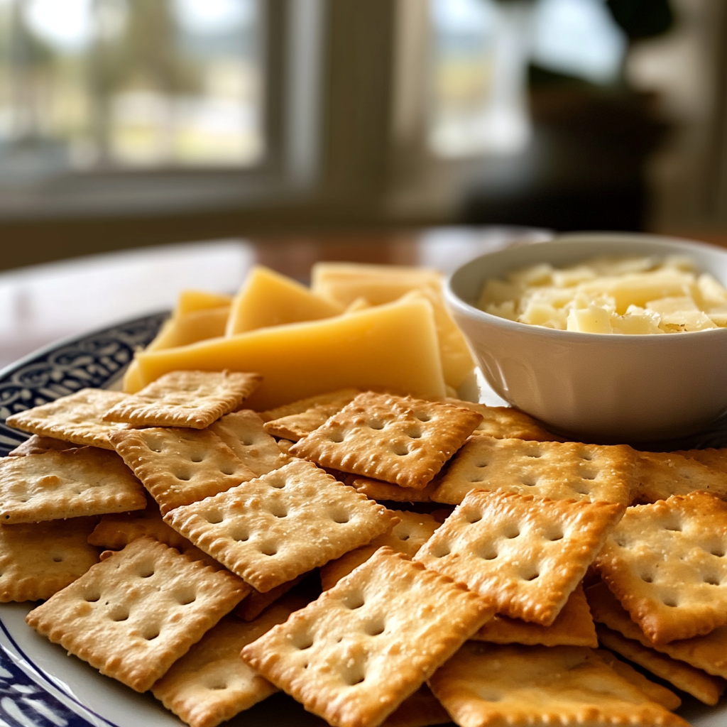 Cheese and crackers on a counter | Source: Midjourney