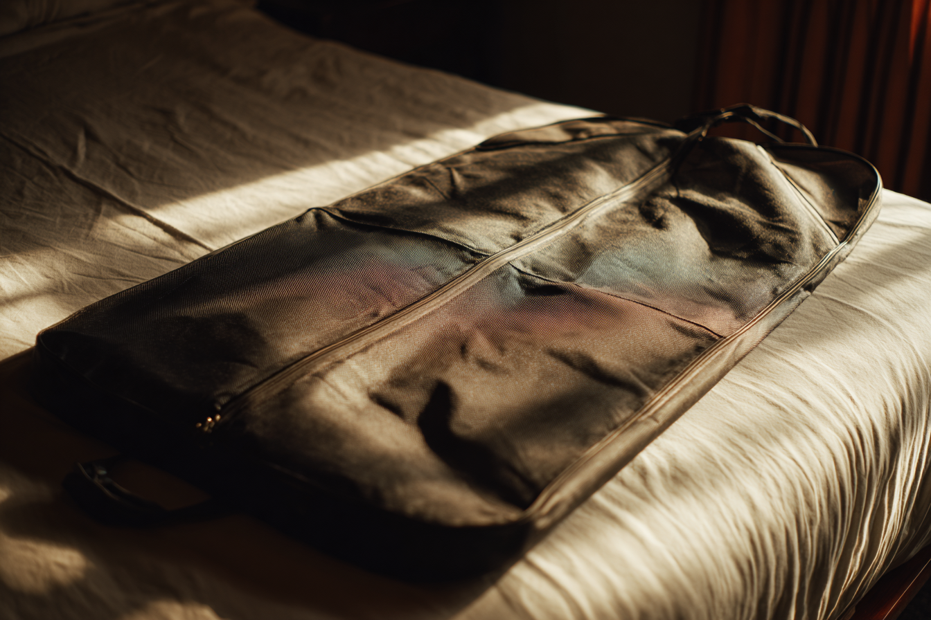 A black garment bag on a bed | Source: Midjourney