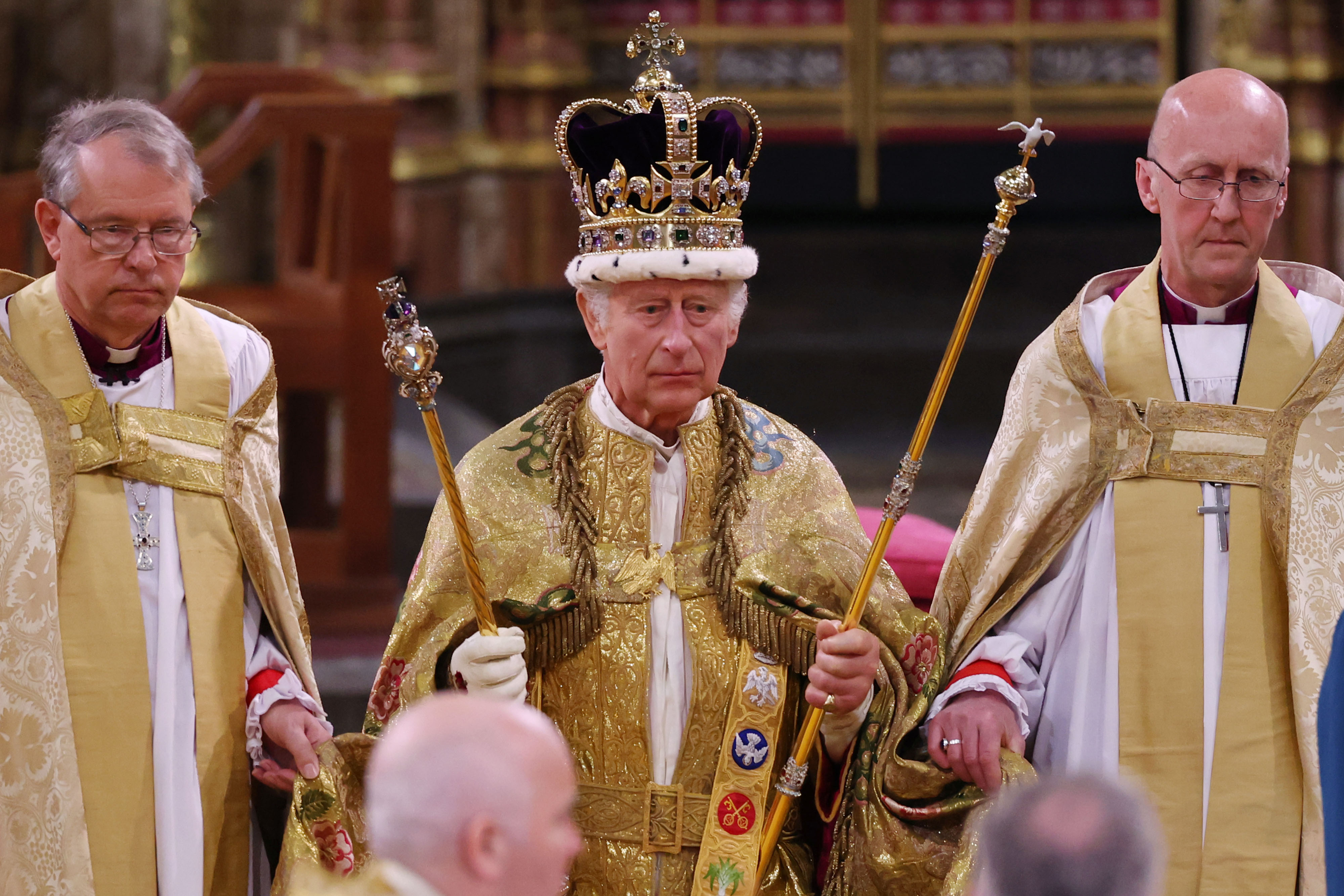 King Charles III after being crowned during his coronation ceremony in Westminster Abbey, on May 6, 2023 in London, England | Source: Getty Images